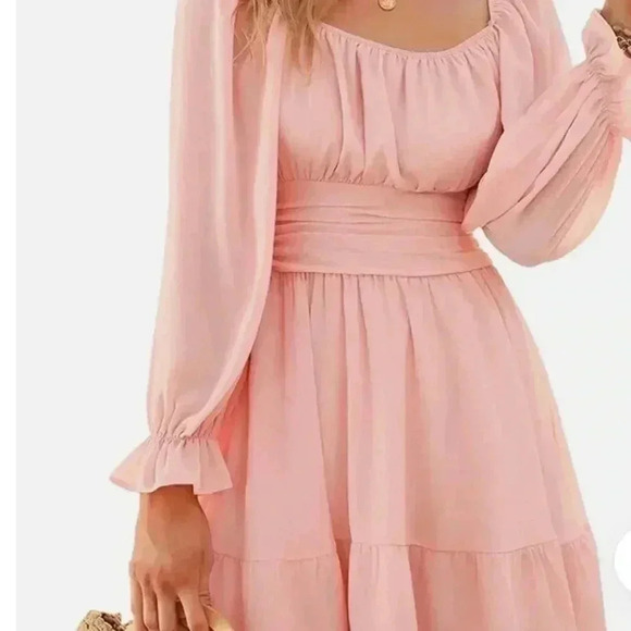 Exlura Tie Back/less Wedding Guest Mini, Lantern Sleeve Square Neck Ruffle,Flowy - Picture 3 of 14